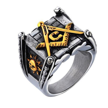 Classic Moon and Sun Stamp Stainless Steel Vintage Masonic Letter Ring - The Jewellery Supermarket